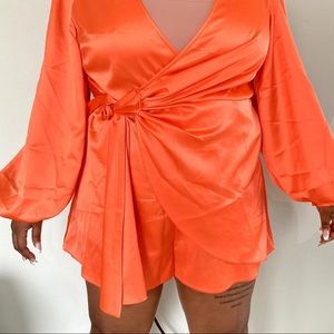 Satin Iike Orange Romper with Bell Sleeves Size 14